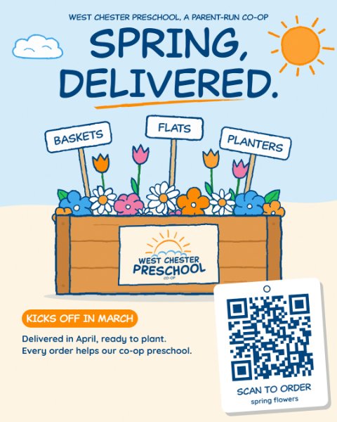 The 2027 Spring Flower Fundraiser flyer: Spring, delivered. A crate of spring flowers with the WCP logo and a QR tag to order.
